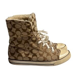 Coach Bonney Shearling High Top Sneakers Signature C Monogram Brown Tan 
Sz 9.5‎